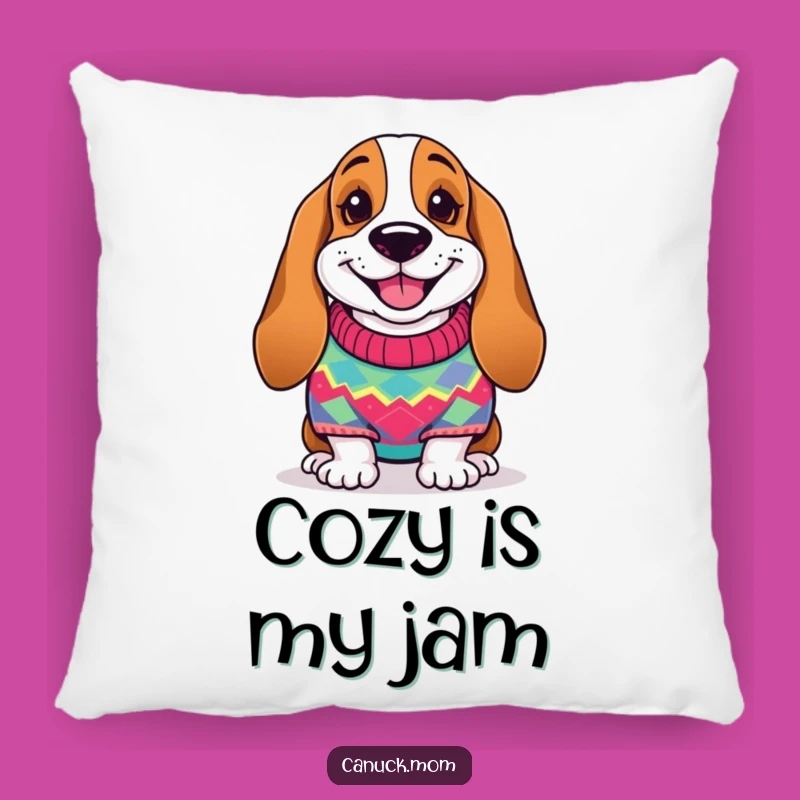 Funny Basset Hound Sweater Pillow - Cozy Happy Dog, Comfy Heartwarming Funny Gift