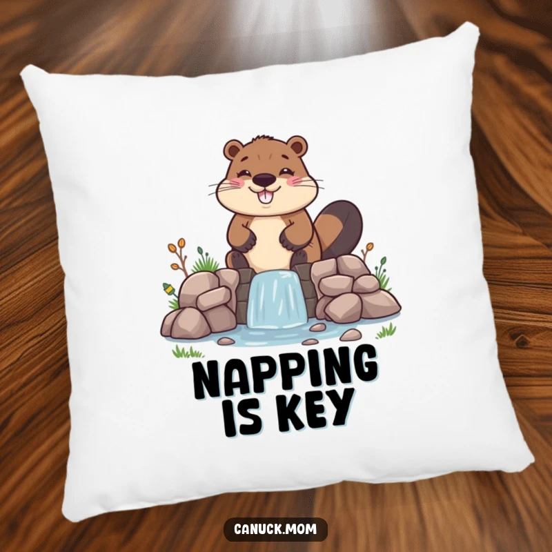 Funny Beaver Pillow, cheerfully constructing a wonky wooden dam, offering cozy and humorous DIY decor.