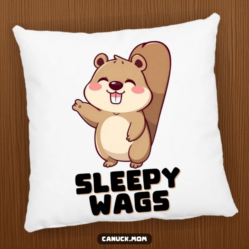 Funny pillow showing an animal character with a beaver tail, enthusiastically waving a friendly hello.