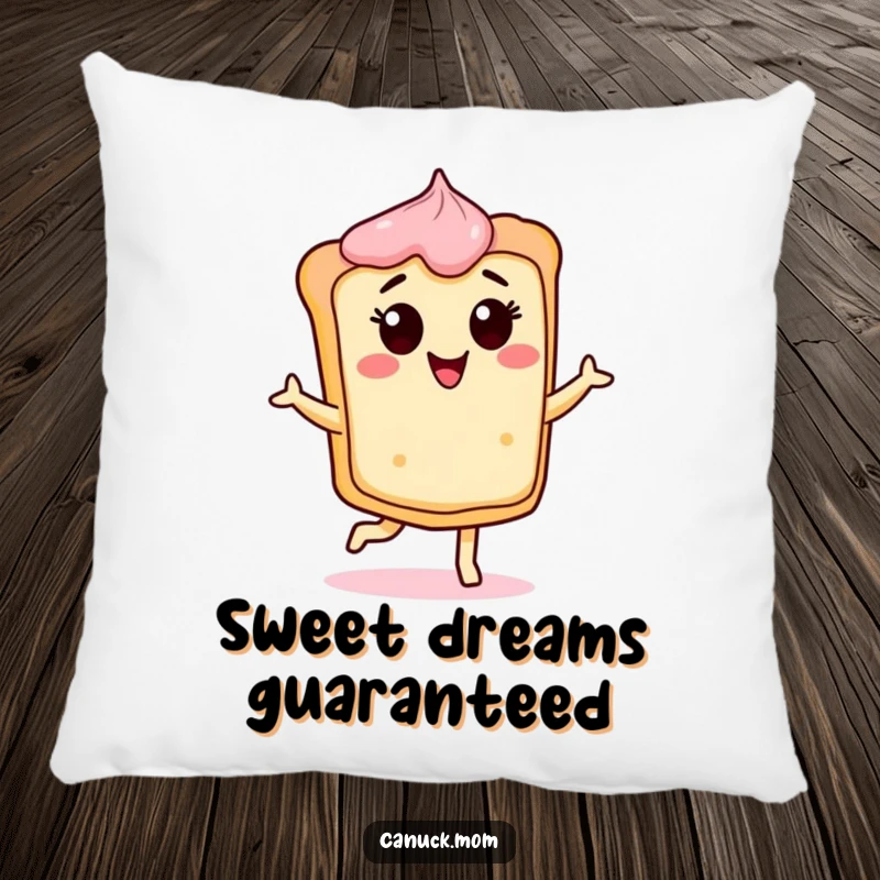 Funny Butter Tart Pillow with a cheerful, dancing tart character, perfect for comfort and a funny gift.