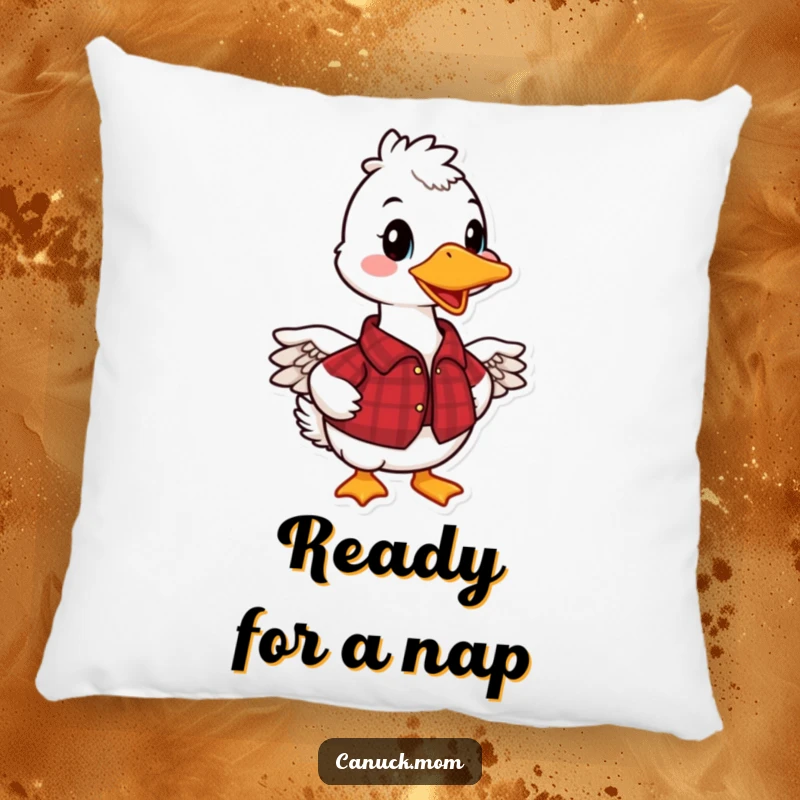 Funny Canadian Goose Pillow with a smiling goose in a red plaid shirt, perfect for sofas and beds, a funny gift.