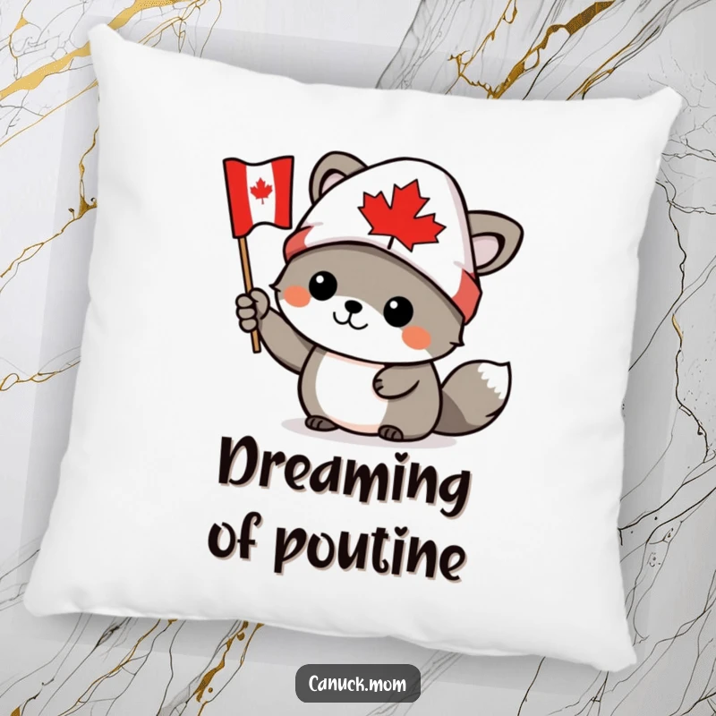 Funny Canadian animal character wearing a toque, waving a tiny Canadian flag, on a soft pillow, a humorous decorative gift.