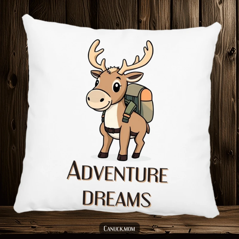 Funny determined caribou with a backpack, featured on a soft pillow for adventurers.