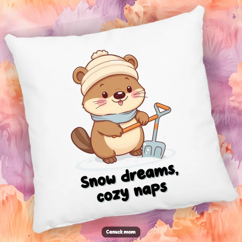 Funny Kawaii Beaver Pillow: A soft pillow depicting a cute beaver in a toque, shoveling snow with a tiny shovel.