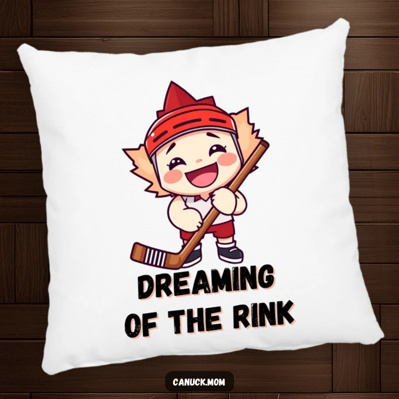 Funny maple leaf character grinning widely, hugging a hockey stick, offering comfort and sports humor.