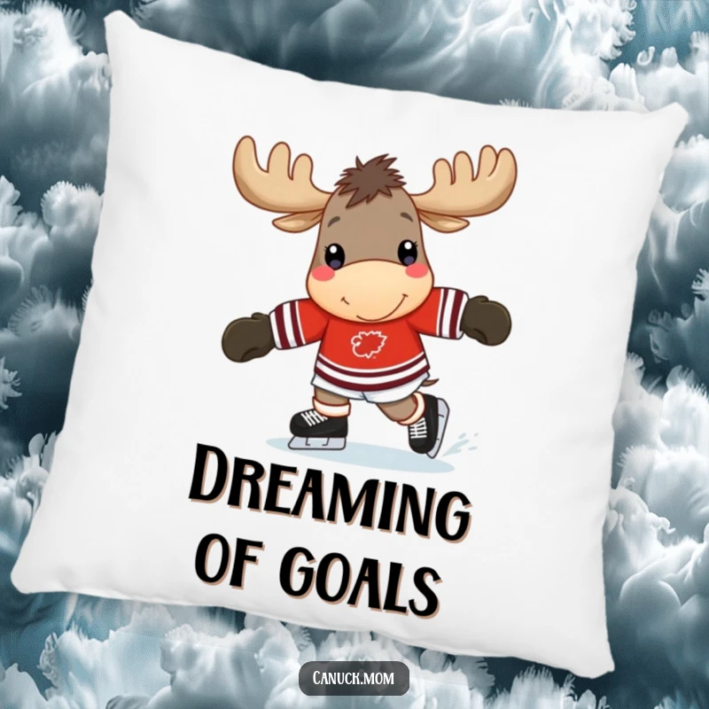 Funny moose pillow featuring a cheerful moose in a hockey jersey, happily skating, perfect for adding humorous charm.