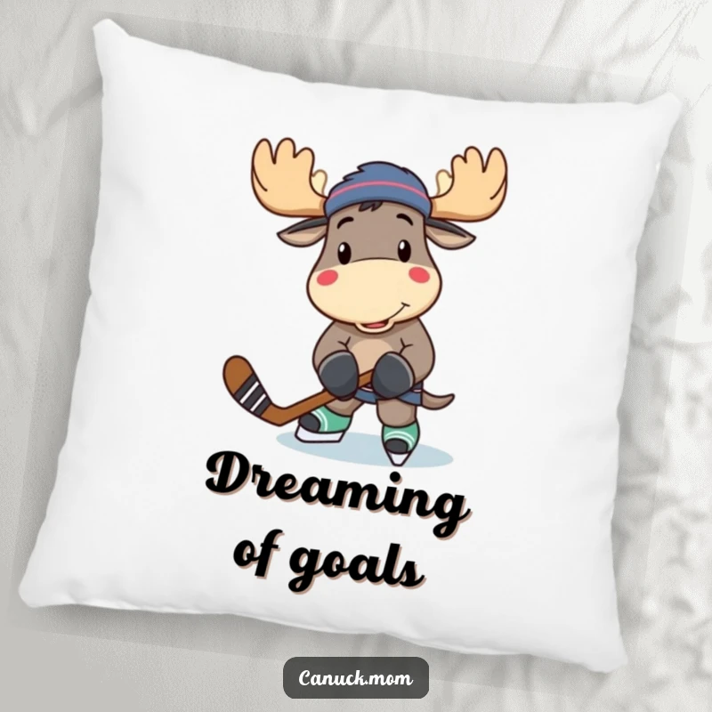Soft pillow featuring a funny moose character ready for a hockey game, holding his stick, for cozy comfort.