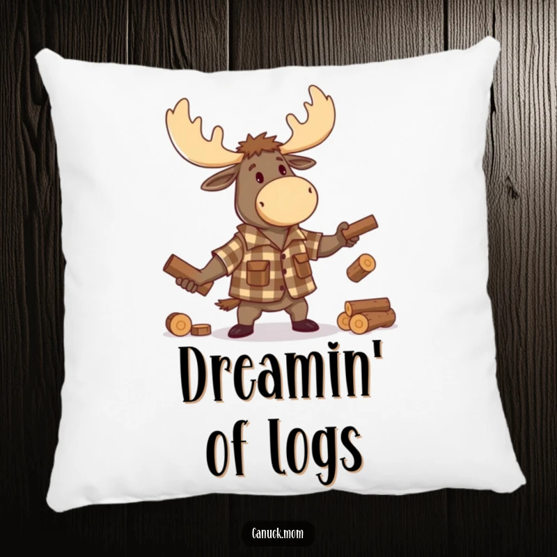 Funny Moose Lumberjack Pillow, a plush cushion featuring a cartoon moose in flannel, juggling logs, adding a touch of forest fun.