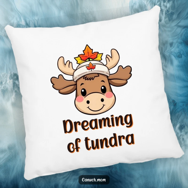 Funny Moose Pillow featuring a smiling character in a tiny maple leaf hat, adding cozy and humorous Canadian decor.