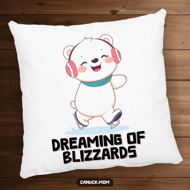 Funny polar bear wearing earmuffs giggling during an ice skating adventure, a soft and humorous decorative pillow.