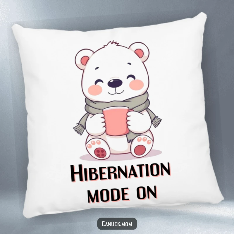 Funny Polar Bear Pillow: A plush cushion featuring a smiling polar bear wearing a scarf and holding a warm beverage.