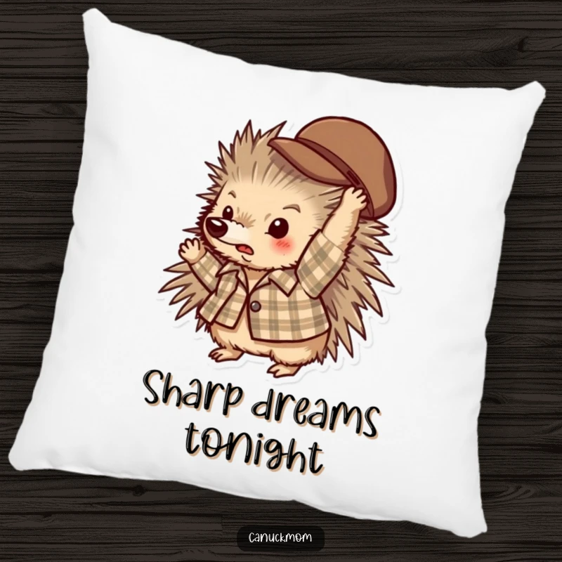 Funny porcupine wearing a plaid shirt, tossing a hat, soft and decorative pillow.