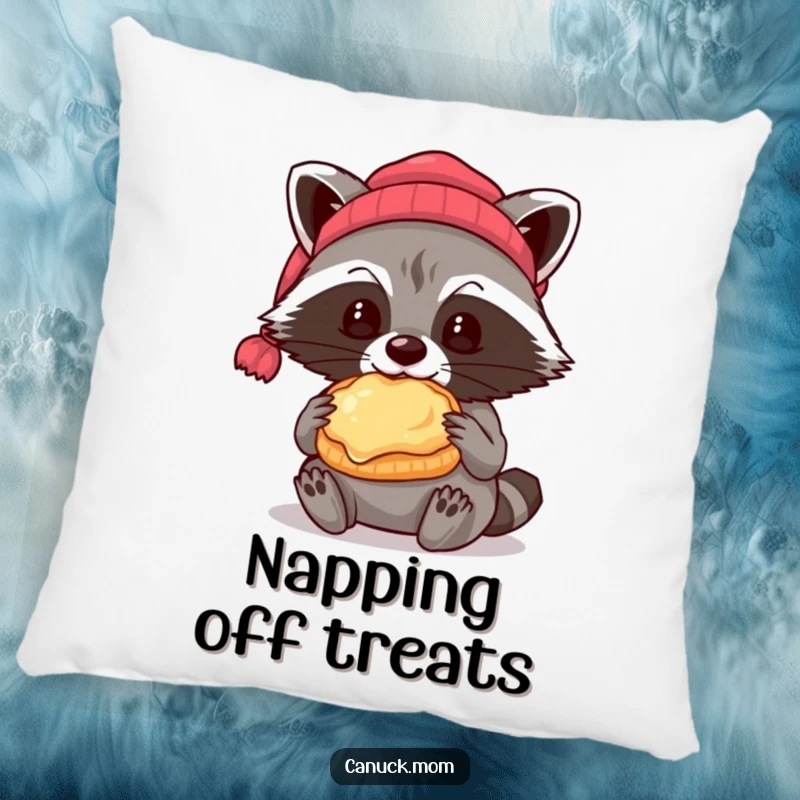 Funny raccoon wearing a beanie eating a butter tart, soft and decorative pillow.