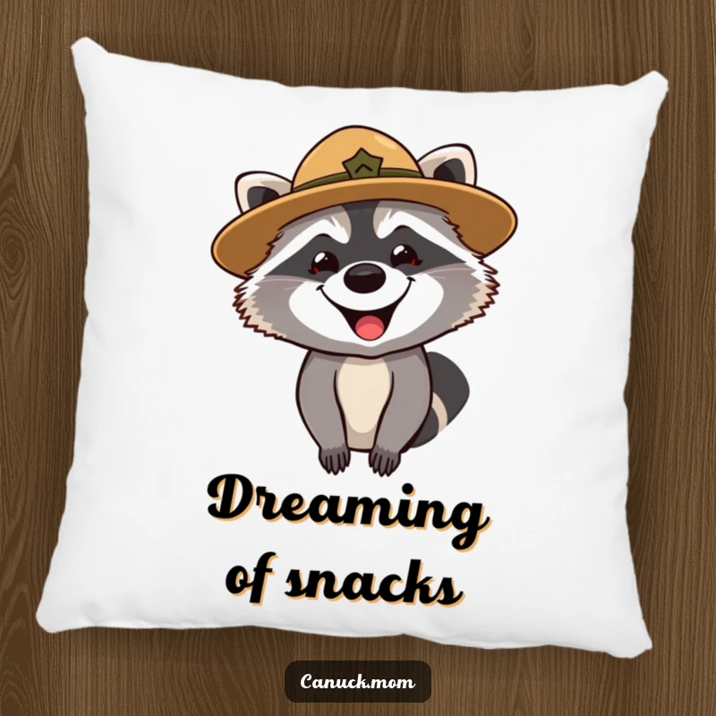 Funny pillow with a grinning raccoon in a park ranger hat, looking curiously, offering cozy comfort.