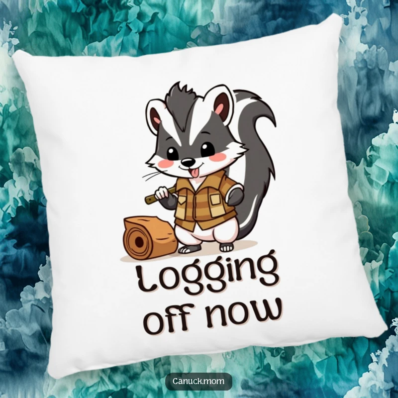 Funny skunk in a lumberjack shirt chopping wood, comfortable and decorative pillow for rustic homes.