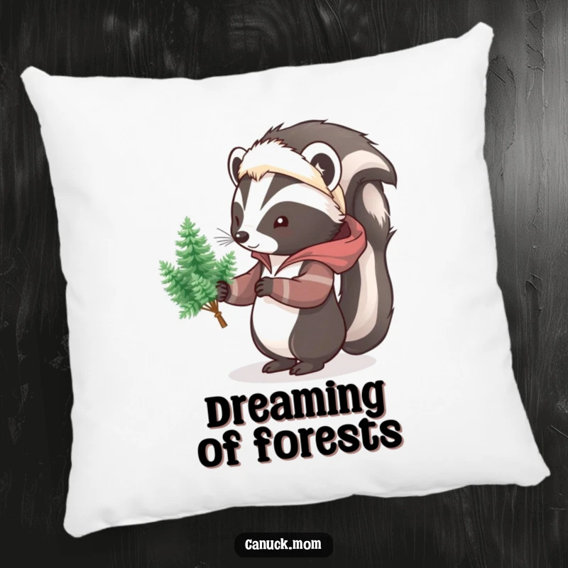Funny Skunk Pine Tree Pillow, a soft pillow featuring a cartoon skunk in a parka, holding a bouquet of small pine trees, charming comfort.