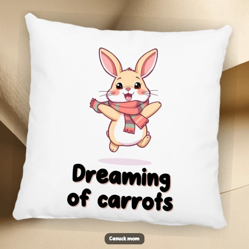 Funny snowshoe hare pillow featuring a happy bunny wearing a scarf and hopping excitedly, adding a touch of winter charm and comfort.