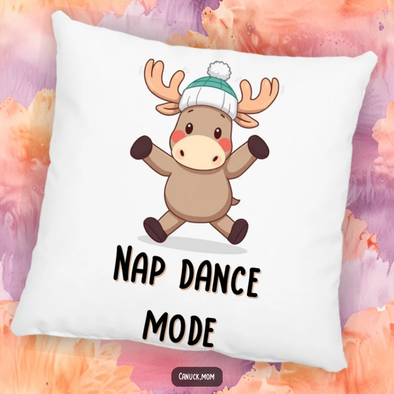 Funny Moose Dance Pillow: A soft cushion with a playful moose in a toque, dancing with joyful abandon.