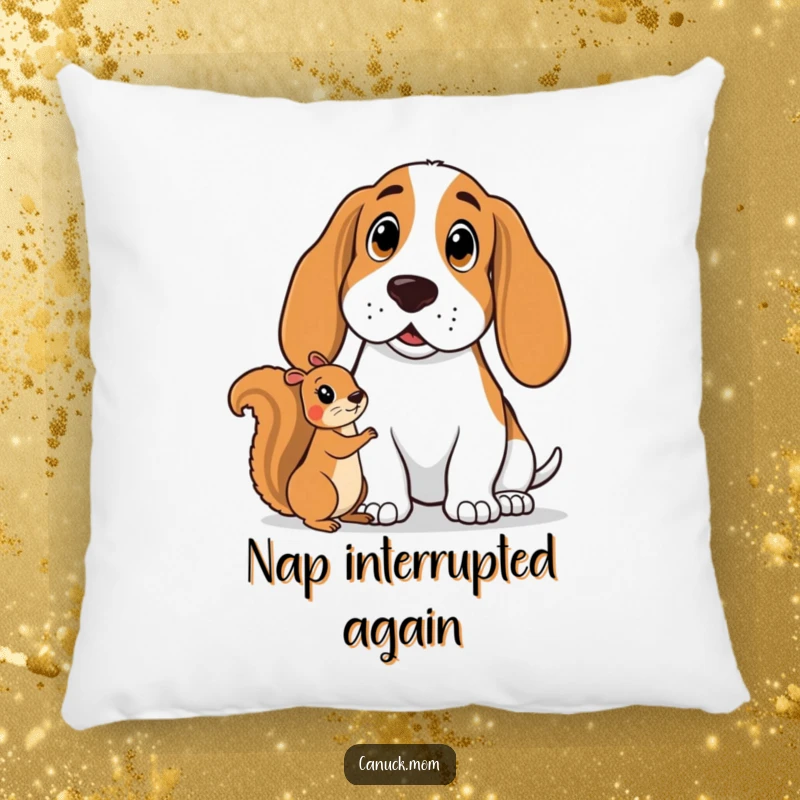 Funny Basset Hound Pillow: A Basset hound with a shocked, wide-eyed expression looks at a friendly squirrel.