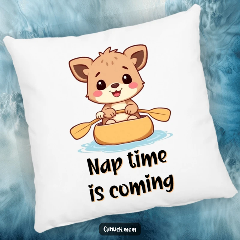 Funny decorative pillow showcasing a cheerful animal paddling a canoe, adding comfort and humor to your space.