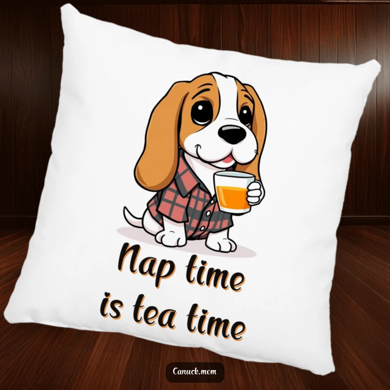 Funny Basset Hound Pillow: A cuddly Basset Hound in a plaid shirt presents a steaming cup of tea, inviting relaxation.