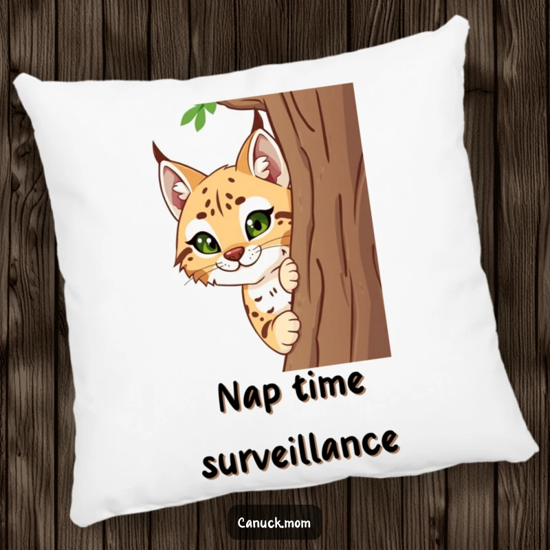 Funny Lynx Pillow featuring a smiling lynx peeking curiously from behind a tree, offering humorous comfort.