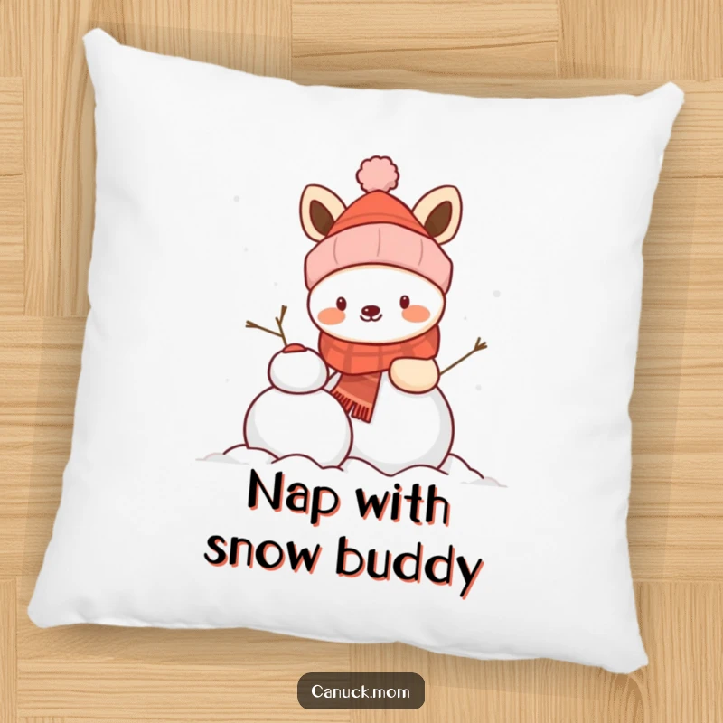 Funny animal wearing a winter hat, building a snowman, a soft and cheerful humorous pillow.