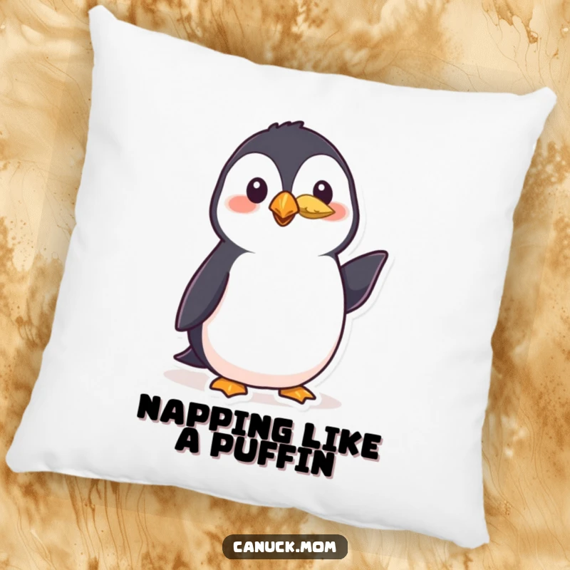 Funny puffin pillow depicting a polite bird wearing a small feather and giving a friendly nod, a soft and charming cushion.