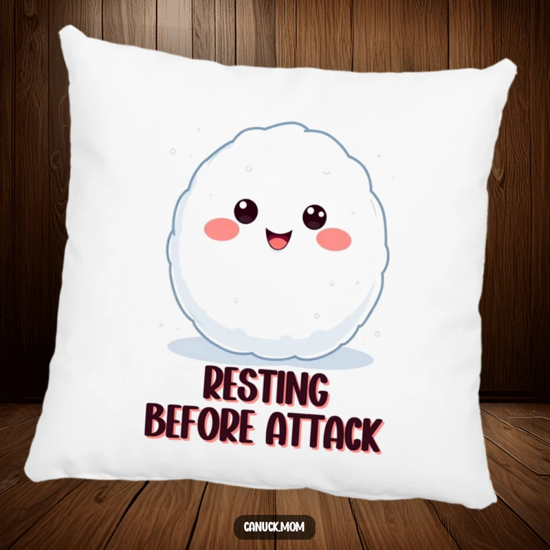 Funny Kawaii Snowball Pillow with a smiling snowball character, mid-throw, perfect for cozying up and a funny gift.