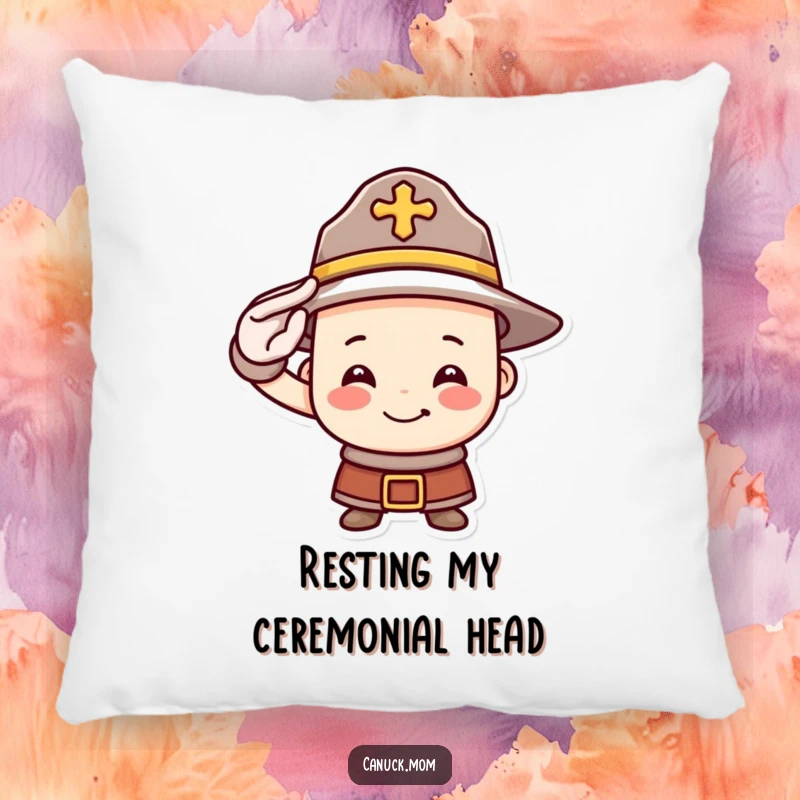 Funny Mountie hat pillow featuring a smiling face giving a brave salute, offering comfort and a dash of humorous Canadian charm to living spaces.