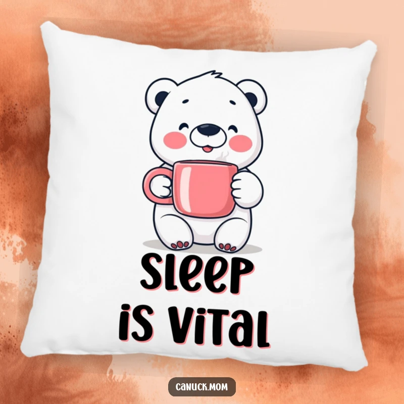 Happy Polar Bear Pillow, holding a steaming mug, providing cozy arctic comfort and winter cheer.