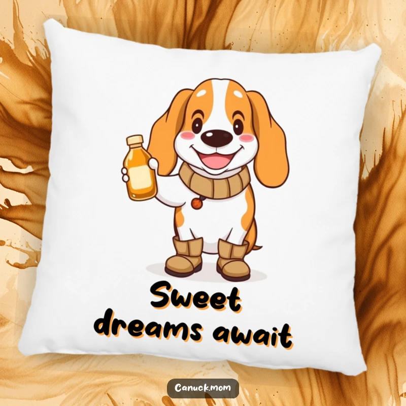 Funny Basset Hound Pillow: A smiling dog in boots holds maple syrup, bringing breakfast cheer.