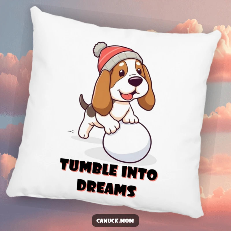 Funny Basset Hound Pillow: A dog tripping over a rolling snowball, bringing humor to your decor.