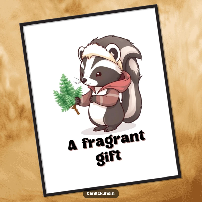 Funny Skunk Pine Tree Digital Art Print, printable art of a cartoon skunk in a parka holding tiny pine trees, whimsical forest theme.