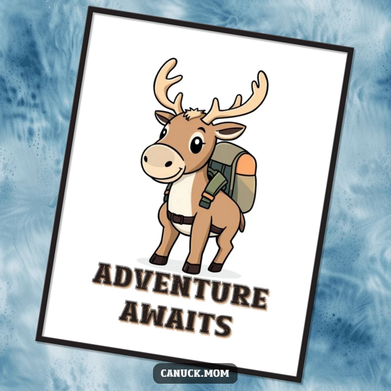 Funny determined caribou with a backpack, ready for adventure, as downloadable digital art.