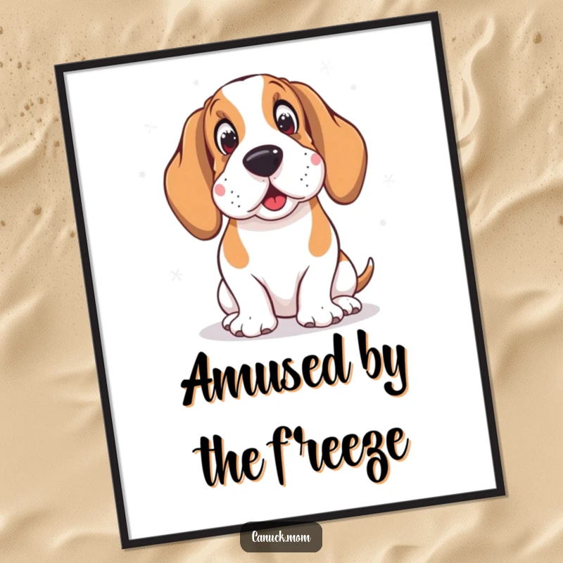 Funny digital art print of a Basset Hound wearing earmuffs, looking amused by gently falling snowflakes, perfect for framing.