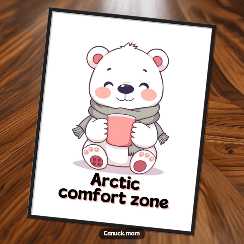 Funny Polar Bear Digital Art: A high-resolution print of a smiling polar bear wearing a scarf and holding a mug, ready for display.