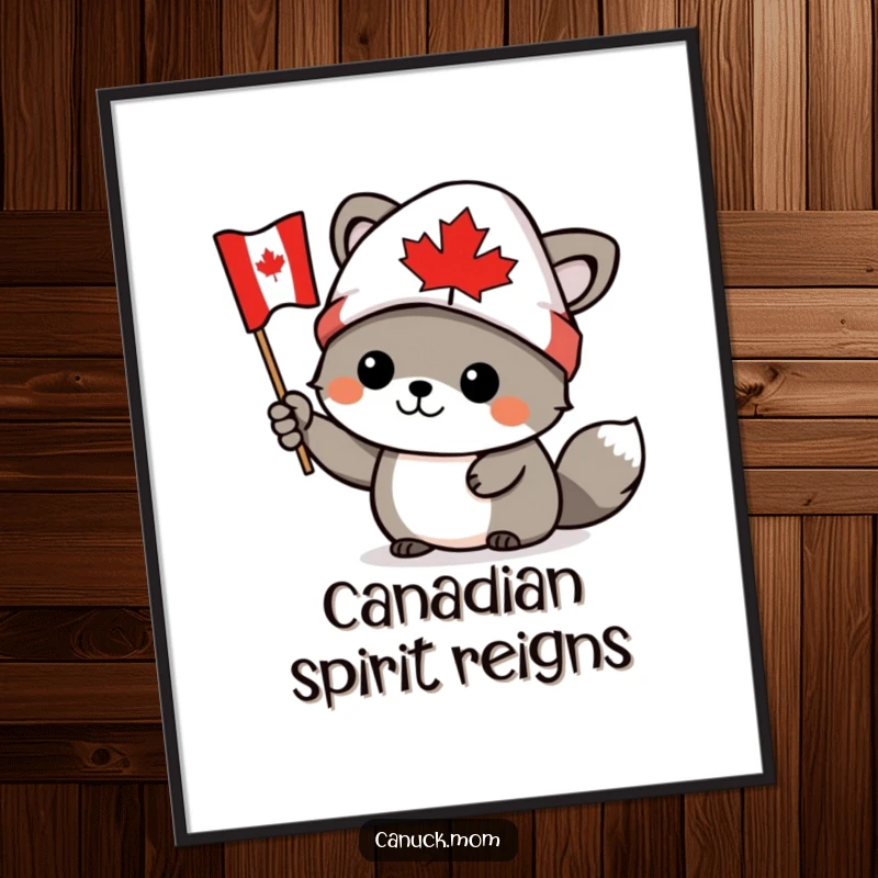 Funny Canadian animal character wearing a toque, waving a tiny Canadian flag, as a digital art print, a funny gift.