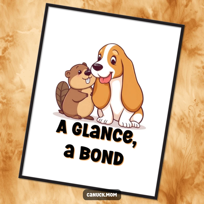 Funny Basset Hound and Beaver Digital Art Print: A Basset Hound and a Beaver share a mischievous, playful glance, bringing joy.