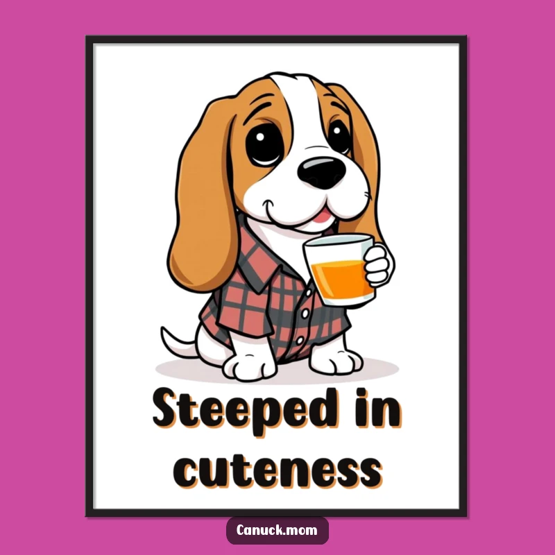 Charming Funny Basset Hound Digital Art Print - Plaid Hound Tea Decor, Instant Funny Gift