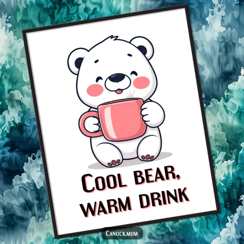 Happy Polar Bear Digital Art Print, holding a steaming mug, offering instant cozy arctic cheer.