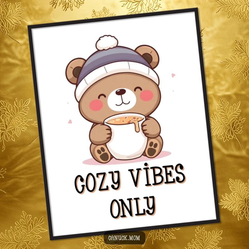 Funny digital art print of a bear in a toque, sipping hot cocoa with delight, offering instant cozy humor.