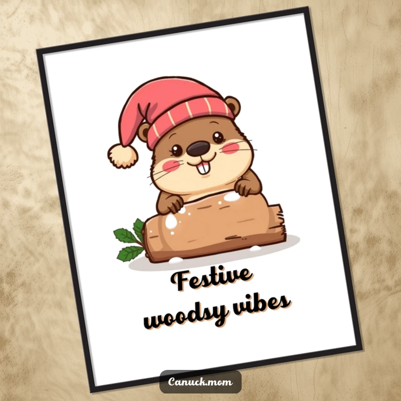 Funny beaver wearing a toque hat, energetically chopping a festive log, perfect for holiday wall art.