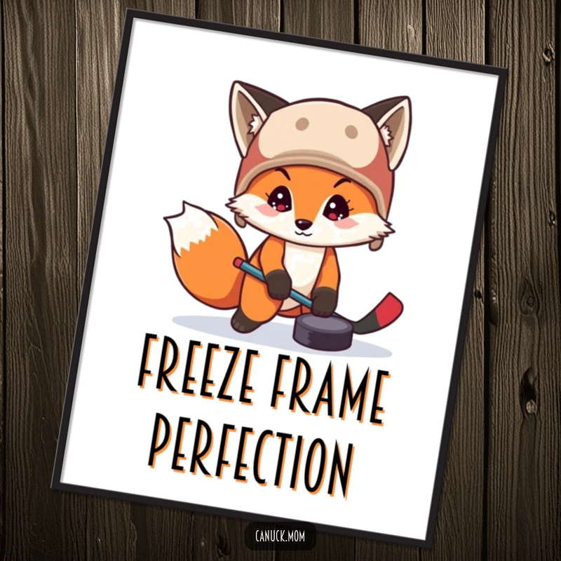 Funny fox in a trapper hat playing hockey with a puck as a digital art print, providing instant sporty and humorous decor.