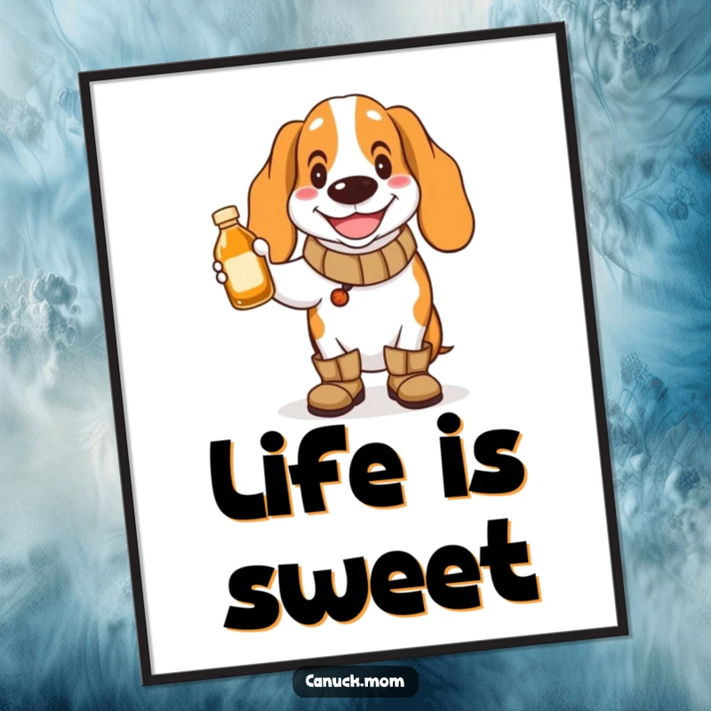 Funny Basset Hound Digital Art: A happy dog wearing boots holds maple syrup, a breakfast theme.