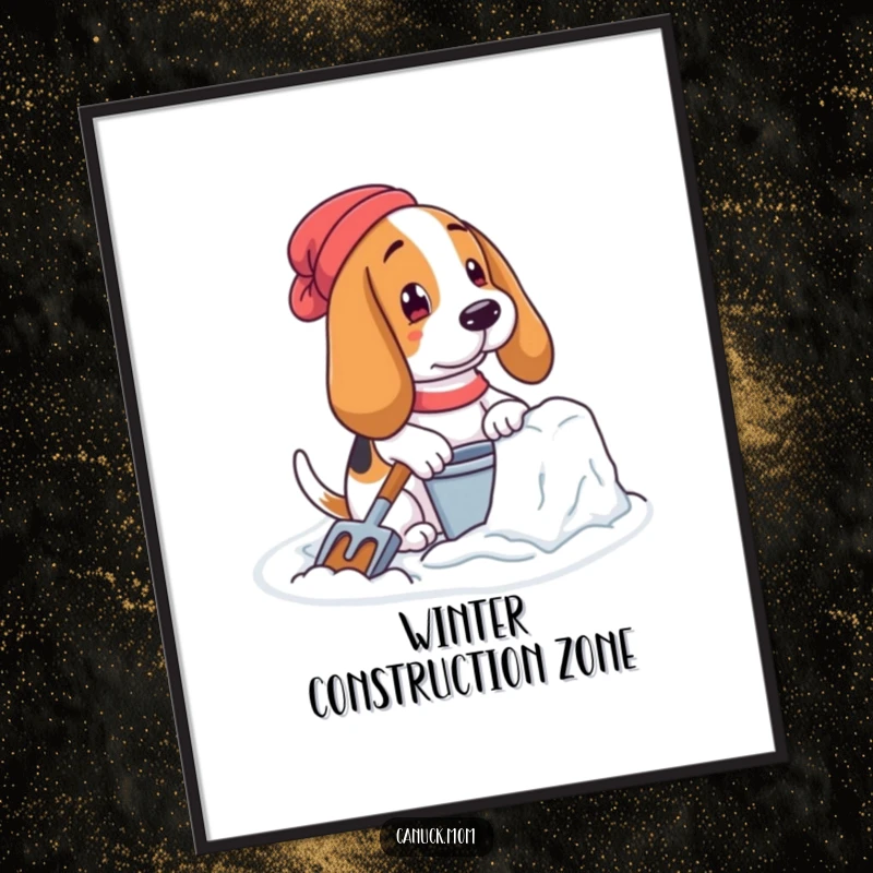 Funny Basset Hound Digital Art: A dog builds a snow fort with pail and shovel, a winter scene.