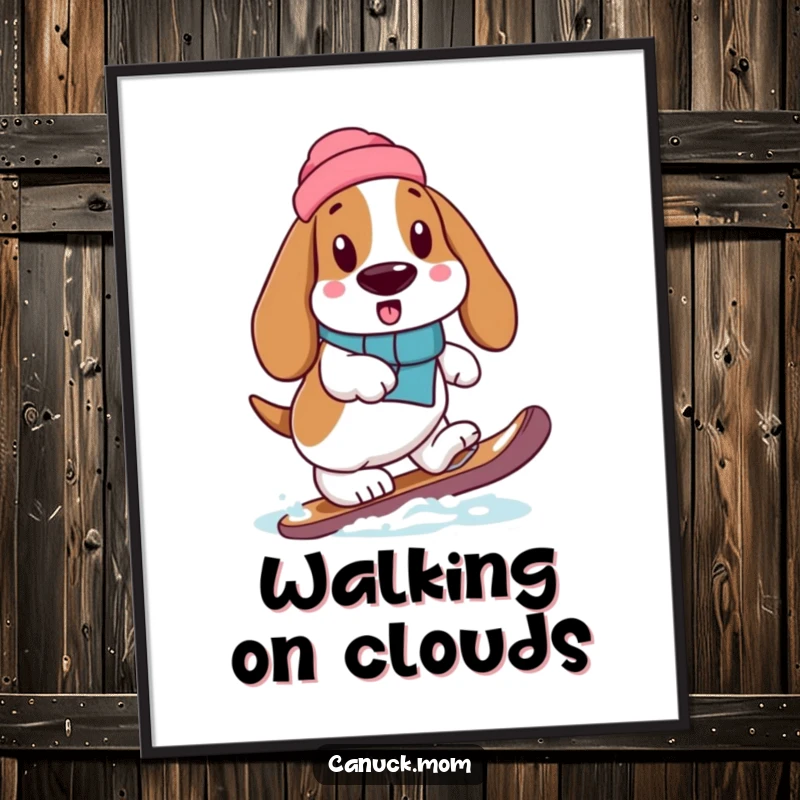 Funny Basset Hound in a snowshoe, stepping with exaggerated care, available as a downloadable digital art print.