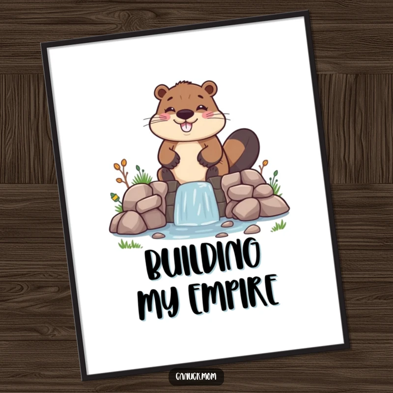 Funny Beaver Digital Art Print, cheerfully building a tiny, uneven dam, offering instant humorous DIY decor.