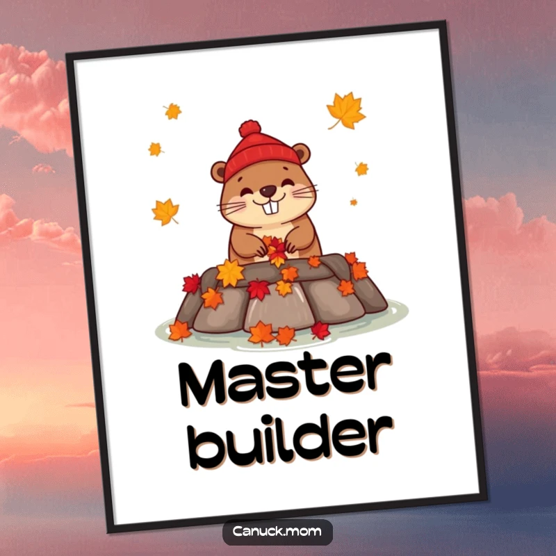 Funny beaver in a red toque constructing a dam with maple leaves, as a humorous Canadian digital art print.