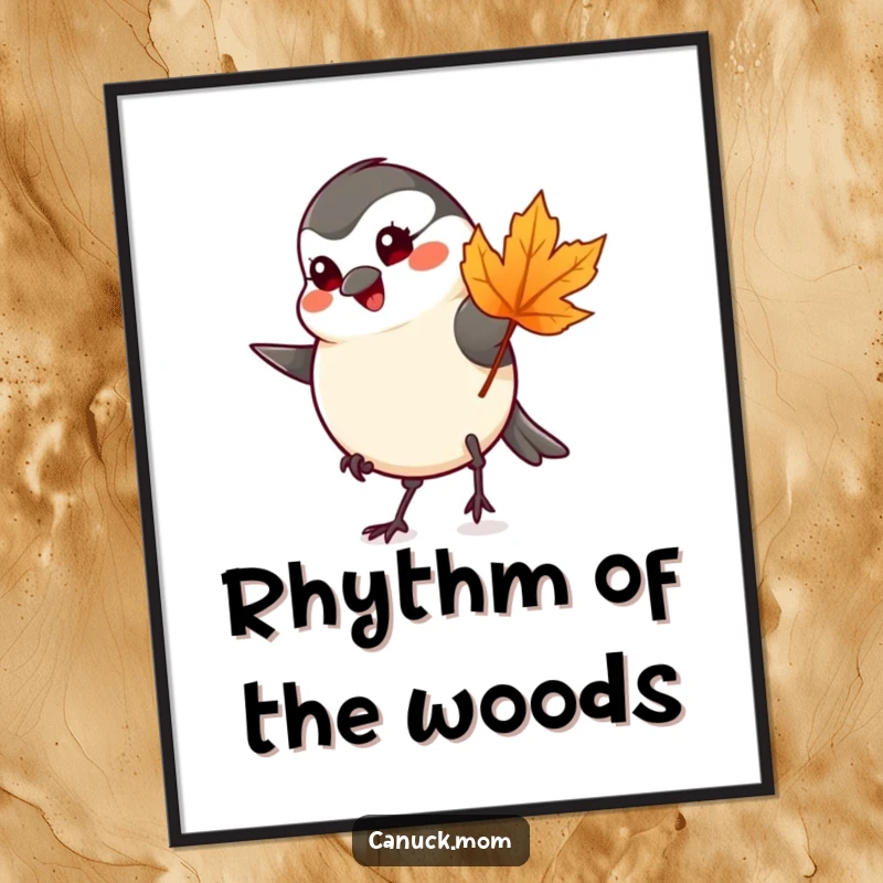 Funny cheerful chickadee tapping foot with a maple leaf, available as a downloadable digital art print.